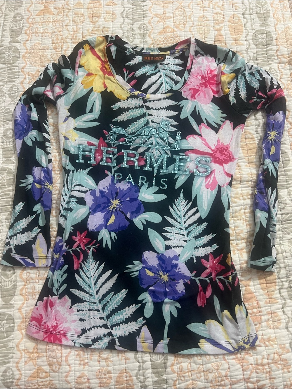 Hermes Black Floral Long-Sleeve Tee with Multicolor Blooms
